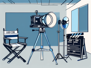 A movie set with various props like cameras