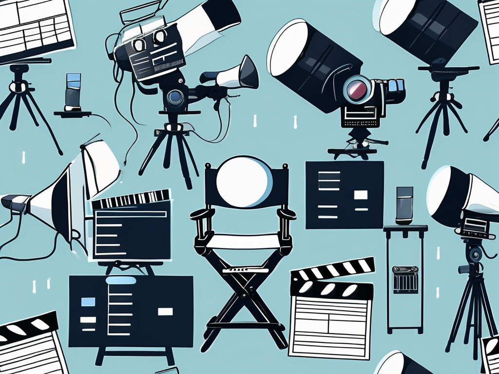 A director's chair and megaphone surrounded by various film equipment like cameras